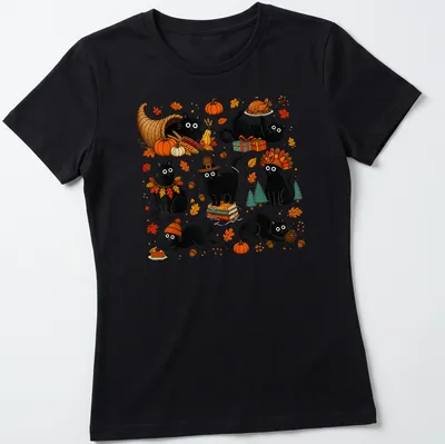 Cute kawaii black cats celebrating Thanksgiving with autumn elements — printed on a women's shirt