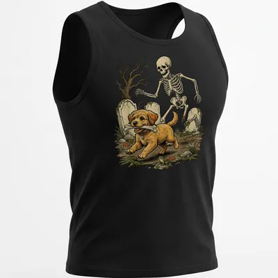 Vintage illustration of a Goldendoodle skeleton with a bone for Halloween — printed on a tank top