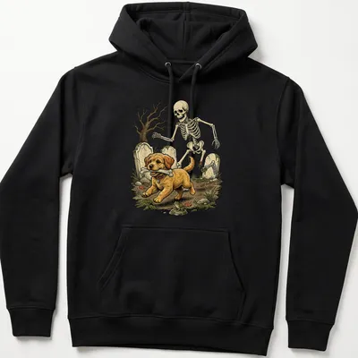 Vintage illustration of a Goldendoodle skeleton with a bone for Halloween — printed on a unisex hoodie