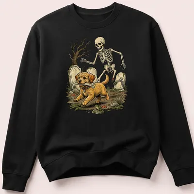 Vintage illustration of a Goldendoodle skeleton with a bone for Halloween — printed on a unisex sweatshirt