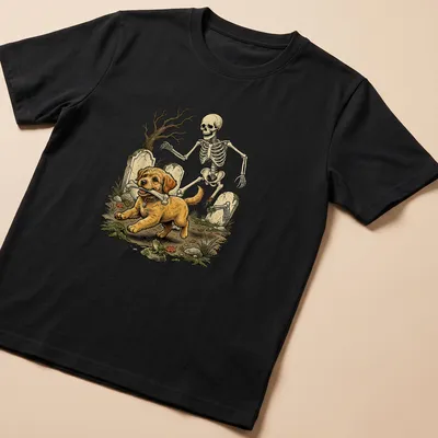 Vintage illustration of a Goldendoodle skeleton with a bone for Halloween — printed on a unisex t-shirt