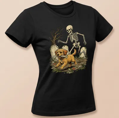 Vintage illustration of a Goldendoodle skeleton with a bone for Halloween — printed on a women's shirt