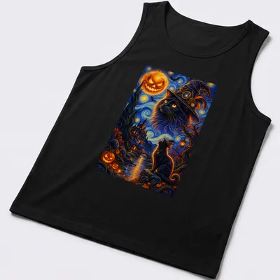 Black cat wearing a wizard hat in vibrant Halloween colors — printed on a tank top