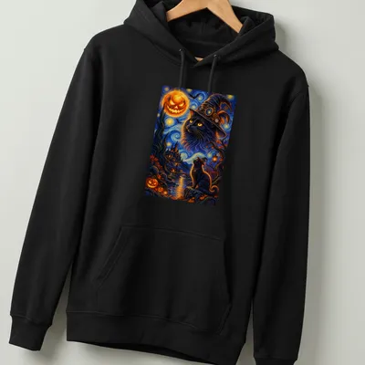 Black cat wearing a wizard hat in vibrant Halloween colors — printed on a unisex hoodie