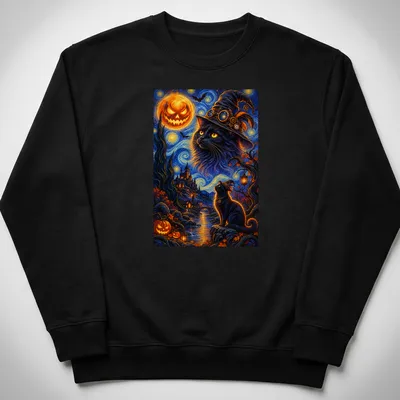 Black cat wearing a wizard hat in vibrant Halloween colors — printed on a unisex sweatshirt