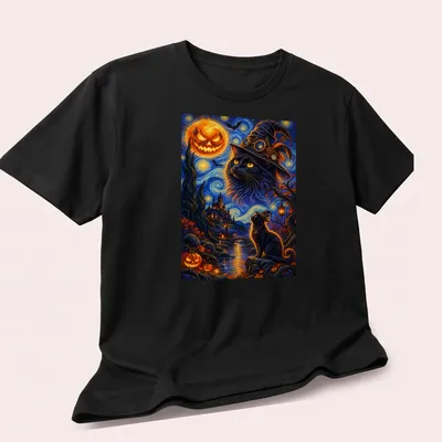 Black cat wearing a wizard hat in vibrant Halloween colors — printed on a unisex t-shirt (angled view)