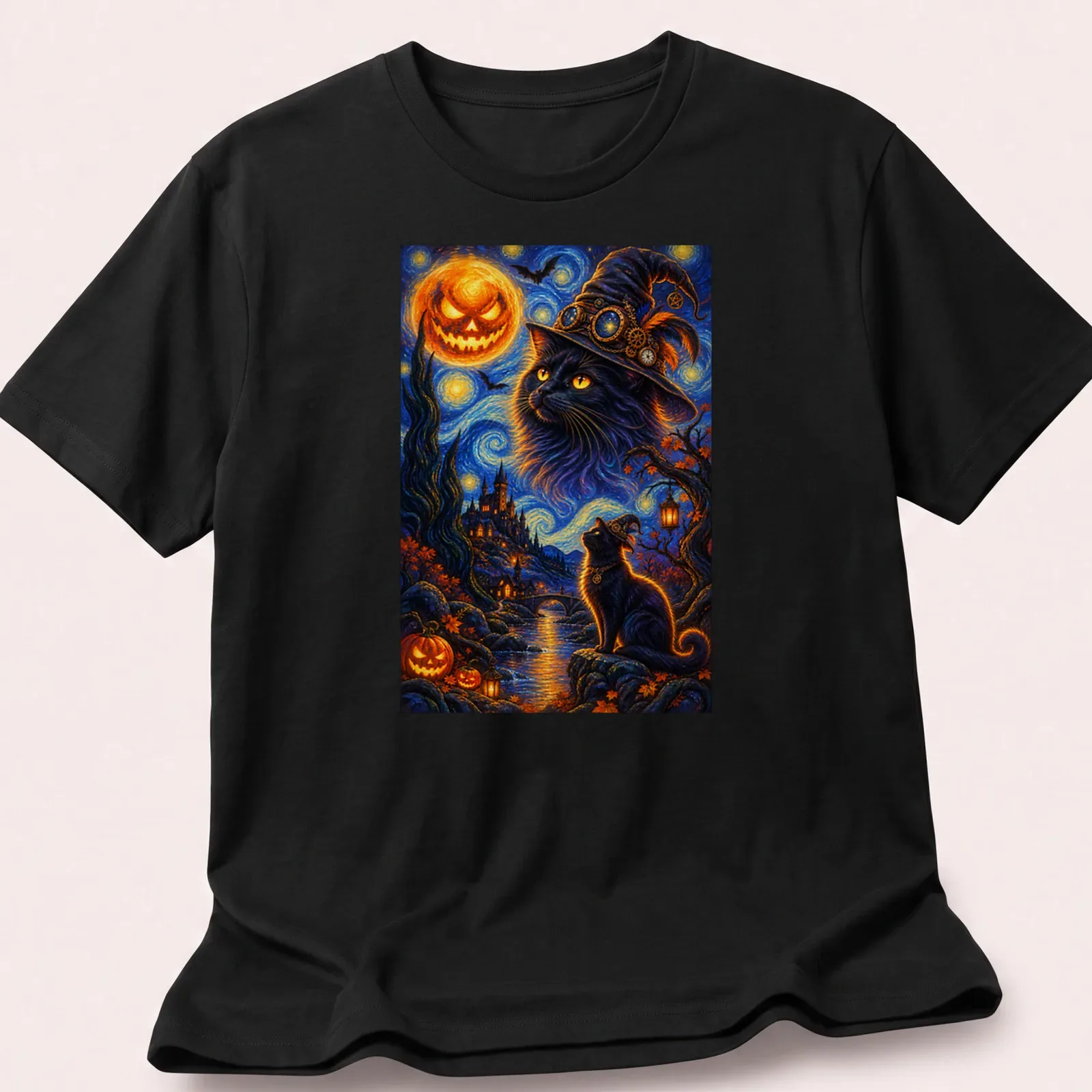 Black cat wearing a wizard hat in vibrant Halloween colors — printed on a unisex t-shirt