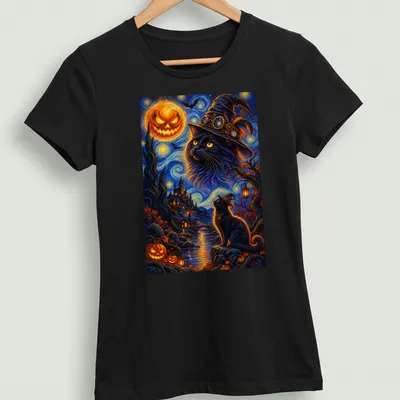 Black cat wearing a wizard hat in vibrant Halloween colors — printed on a women's shirt