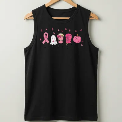 Kawaii illustration of a ghost with a pink ribbon, coffee cup, and pumpkin — printed on a tank top
