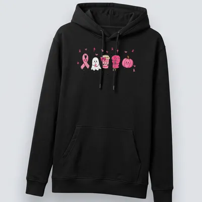 Kawaii illustration of a ghost with a pink ribbon, coffee cup, and pumpkin — printed on a unisex hoodie