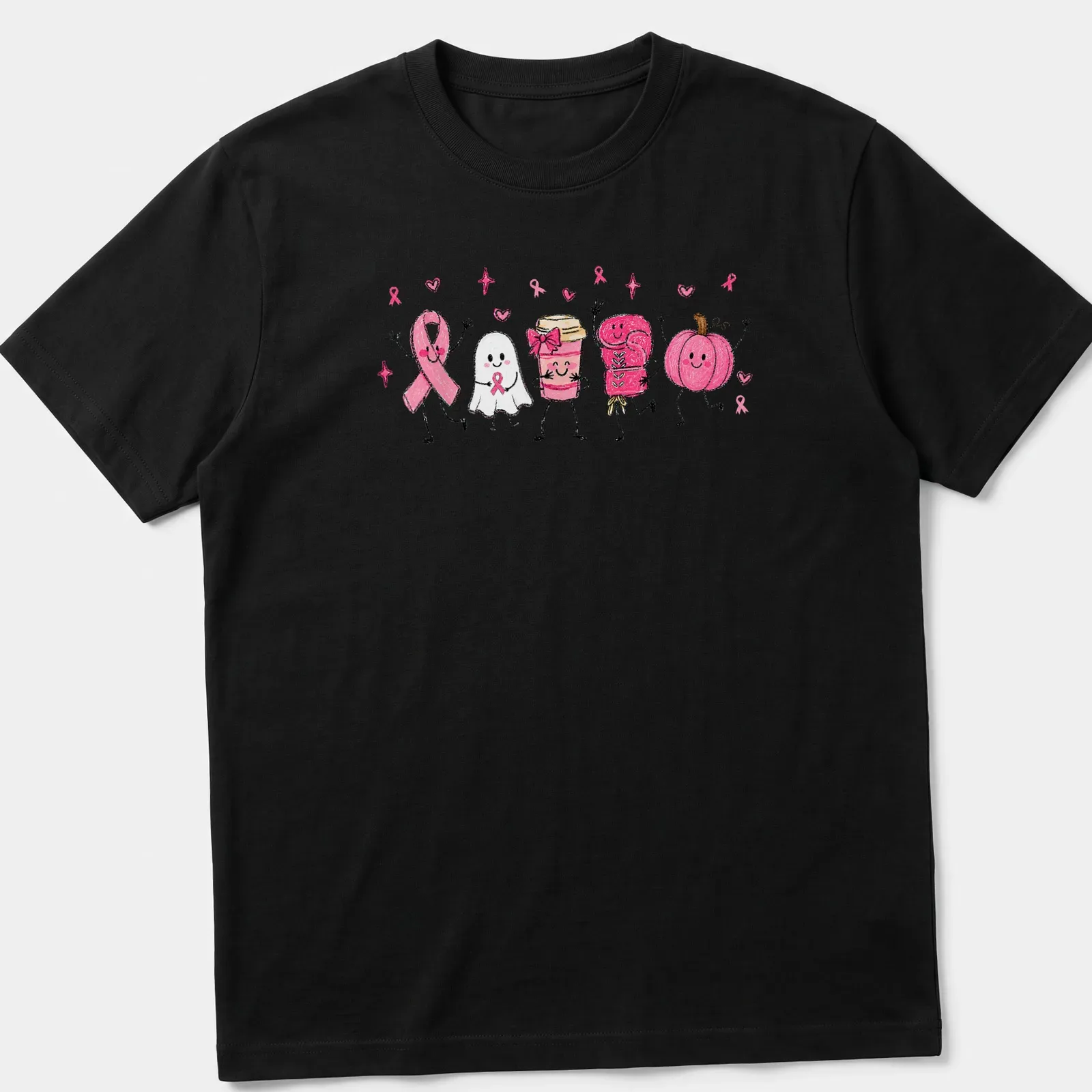 Kawaii illustration of a ghost with a pink ribbon, coffee cup, and pumpkin — printed on a unisex t-shirt