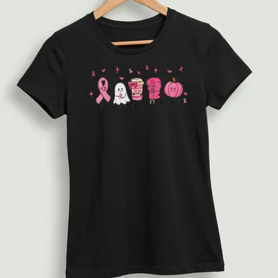 Kawaii illustration of a ghost with a pink ribbon, coffee cup, and pumpkin — printed on a women's shirt