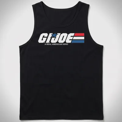 Bold graphic t-shirt featuring the G.I. Joe logo in red, white, and blue — printed on a tank top