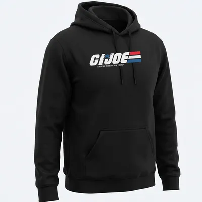 Bold graphic t-shirt featuring the G.I. Joe logo in red, white, and blue — printed on a unisex hoodie