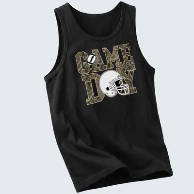 Camouflage football helmet with 'GAME DAY' text on T-shirt. — printed on a tank top