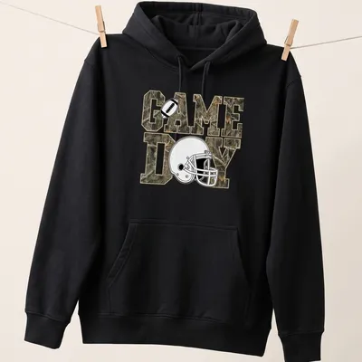 Camouflage football helmet with 'GAME DAY' text on T-shirt. — printed on a unisex hoodie