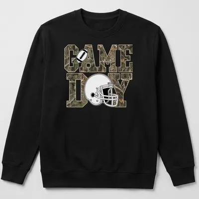 Camouflage football helmet with 'GAME DAY' text on T-shirt. — printed on a unisex sweatshirt