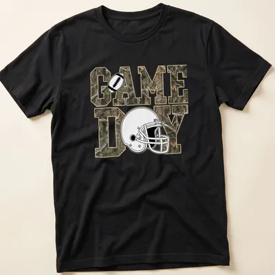 Camouflage football helmet with 'GAME DAY' text on T-shirt. — printed on a unisex t-shirt