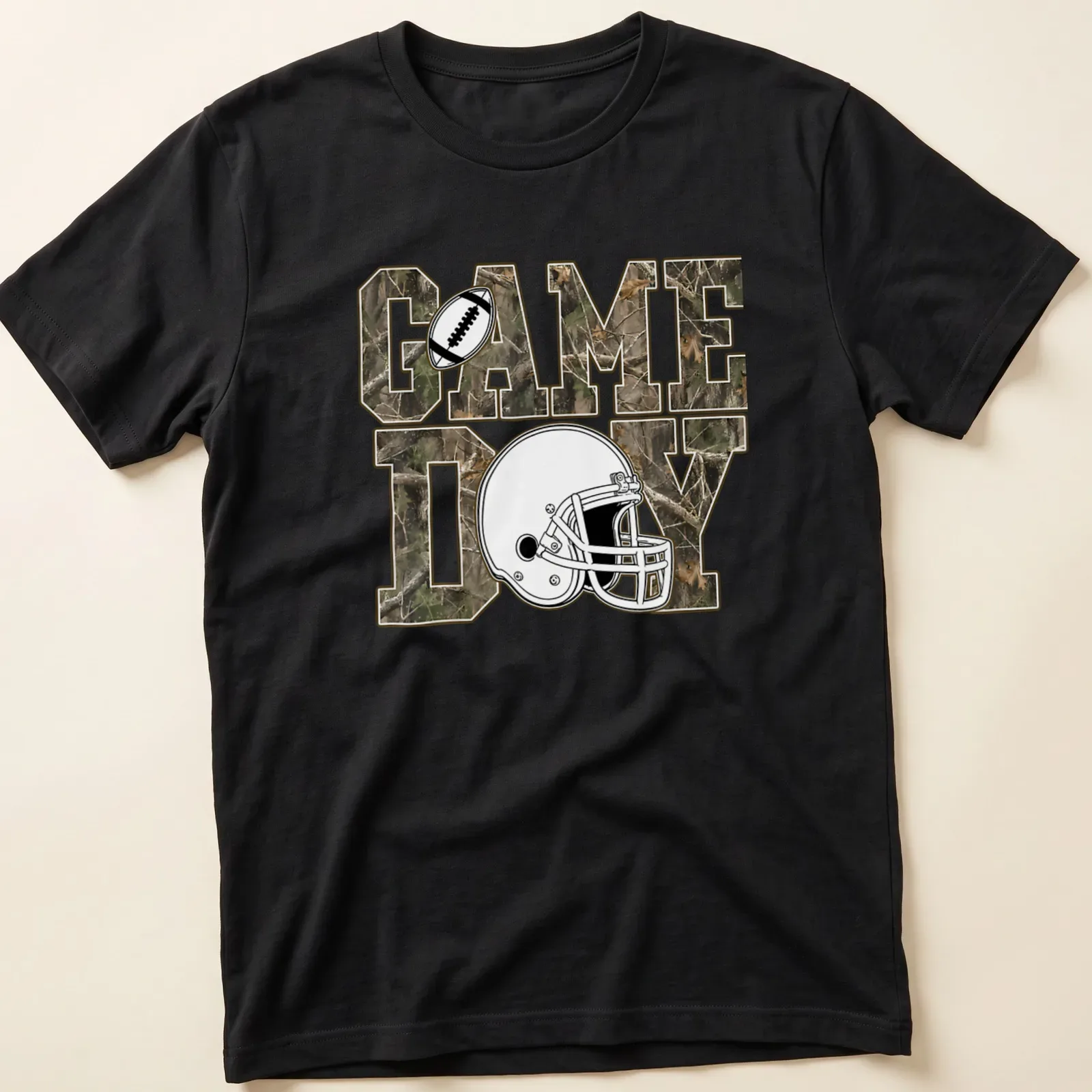 Camouflage football helmet with 'GAME DAY' text on T-shirt. — printed on a unisex t-shirt