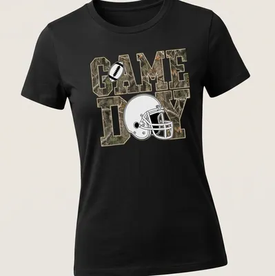 Camouflage football helmet with 'GAME DAY' text on T-shirt. — printed on a women's shirt