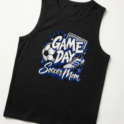 Bold hand-drawn print reading 'GAME DAY Soccer Mom' with a soccer ball and shoe — printed on a tank top