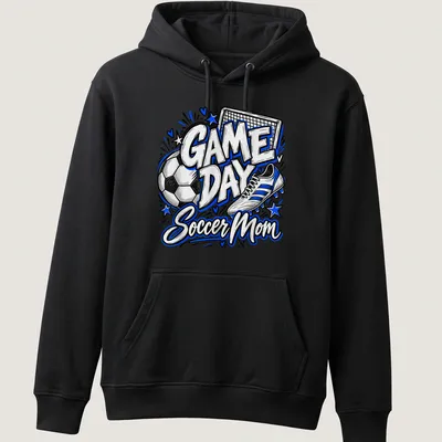 Bold hand-drawn print reading 'GAME DAY Soccer Mom' with a soccer ball and shoe — printed on a unisex hoodie