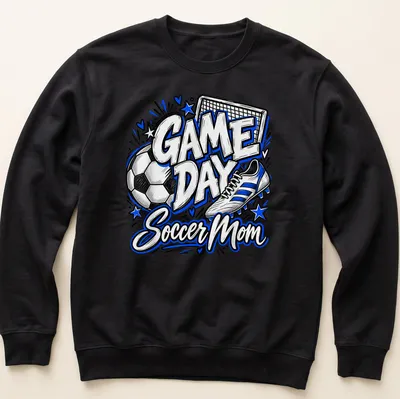 Bold hand-drawn print reading 'GAME DAY Soccer Mom' with a soccer ball and shoe — printed on a unisex sweatshirt