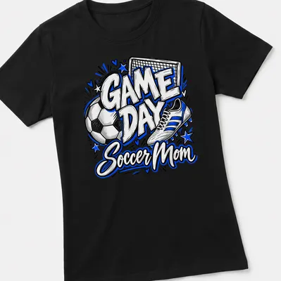 Bold hand-drawn print reading 'GAME DAY Soccer Mom' with a soccer ball and shoe — printed on a women's shirt