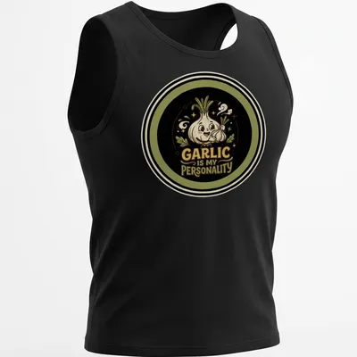 Cute cartoon garlic character with the text "Garlic Is My Personality" in black, green, cream, and brown. — printed on a tank top
