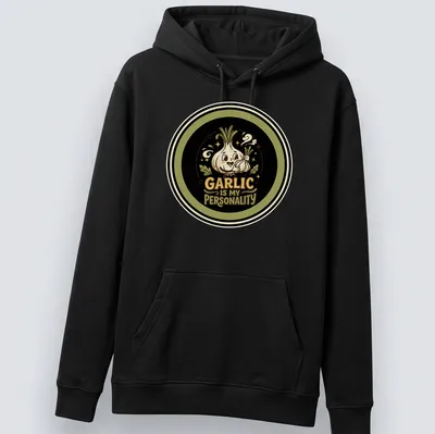 Cute cartoon garlic character with the text "Garlic Is My Personality" in black, green, cream, and brown. — printed on a unisex hoodie