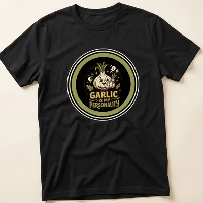 Cute cartoon garlic character with the text "Garlic Is My Personality" in black, green, cream, and brown.