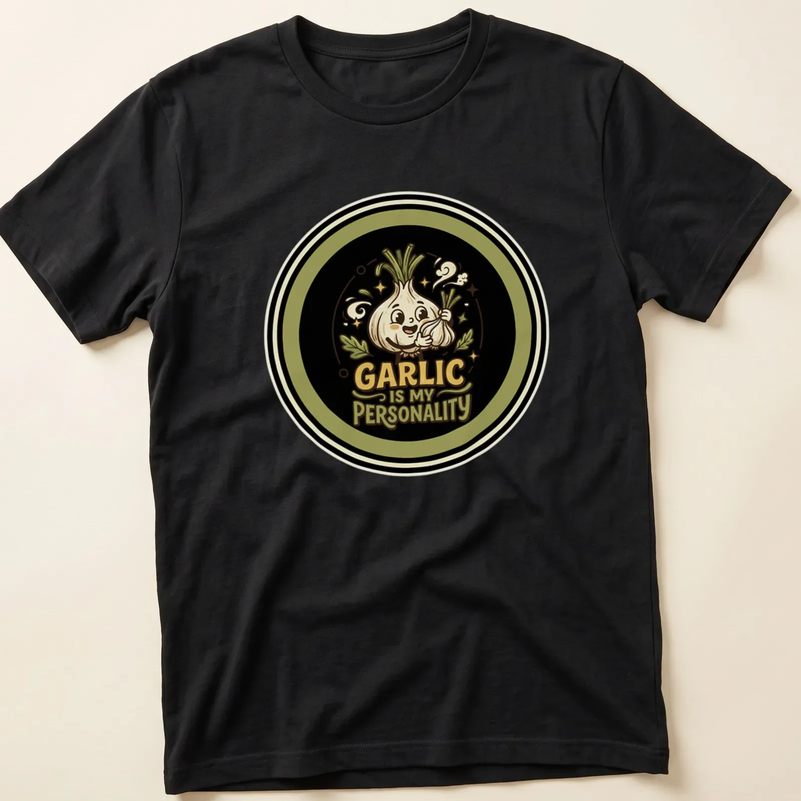 Cute cartoon garlic character with the text "Garlic Is My Personality" in black, green, cream, and brown. — printed on a unisex t-shirt