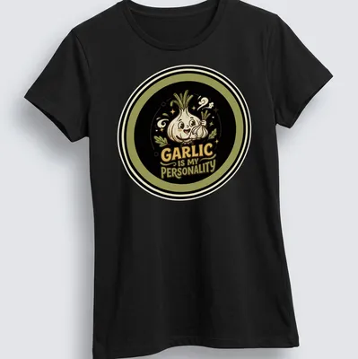 Cute cartoon garlic character with the text "Garlic Is My Personality" in black, green, cream, and brown. — printed on a women's shirt