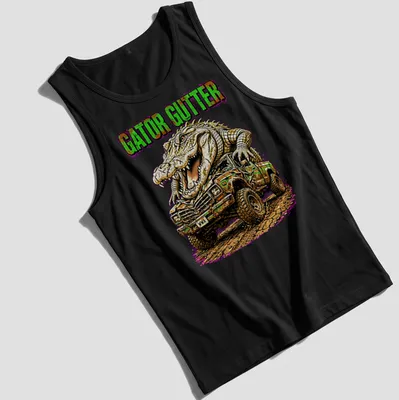 Vintage illustration of a mud truck and alligator with GATOR GUTTER text — printed on a tank top