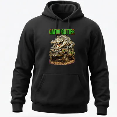 Vintage illustration of a mud truck and alligator with GATOR GUTTER text — printed on a unisex hoodie