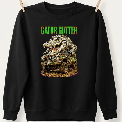 Vintage illustration of a mud truck and alligator with GATOR GUTTER text — printed on a unisex sweatshirt