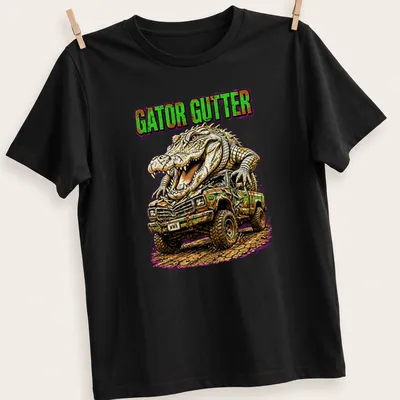 Vintage illustration of a mud truck and alligator with GATOR GUTTER text