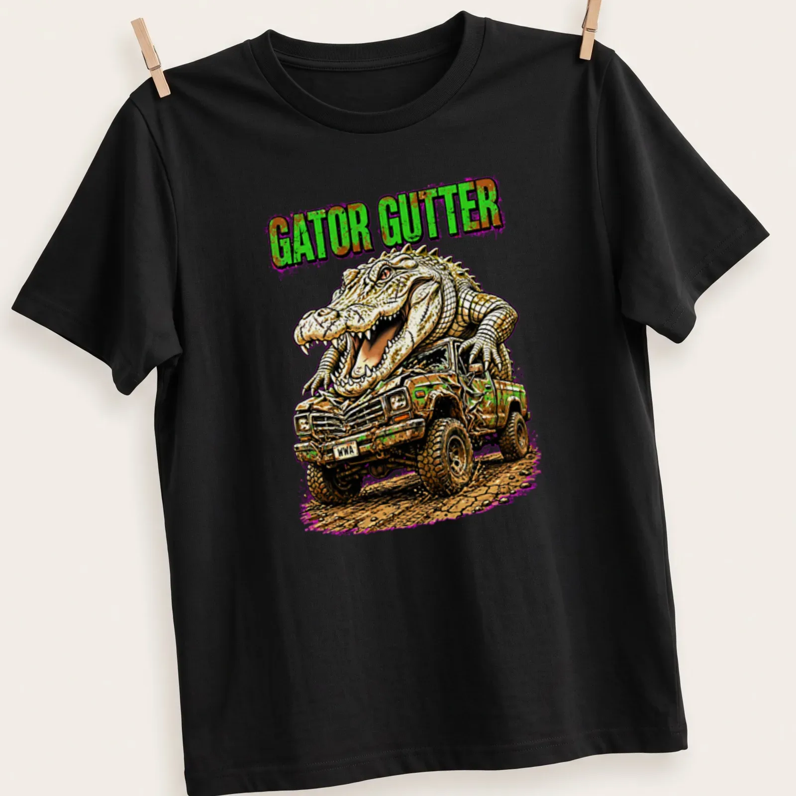 Vintage illustration of a mud truck and alligator with GATOR GUTTER text — printed on a unisex t-shirt