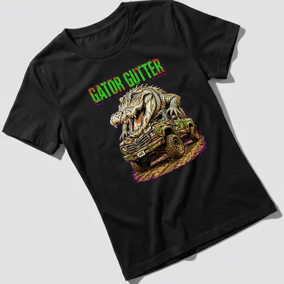 Vintage illustration of a mud truck and alligator with GATOR GUTTER text — printed on a women's shirt