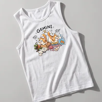 Kawaii illustration of curious cats with a fish bowl and playful text — printed on a tank top
