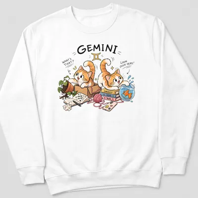 Kawaii illustration of curious cats with a fish bowl and playful text — printed on a unisex sweatshirt