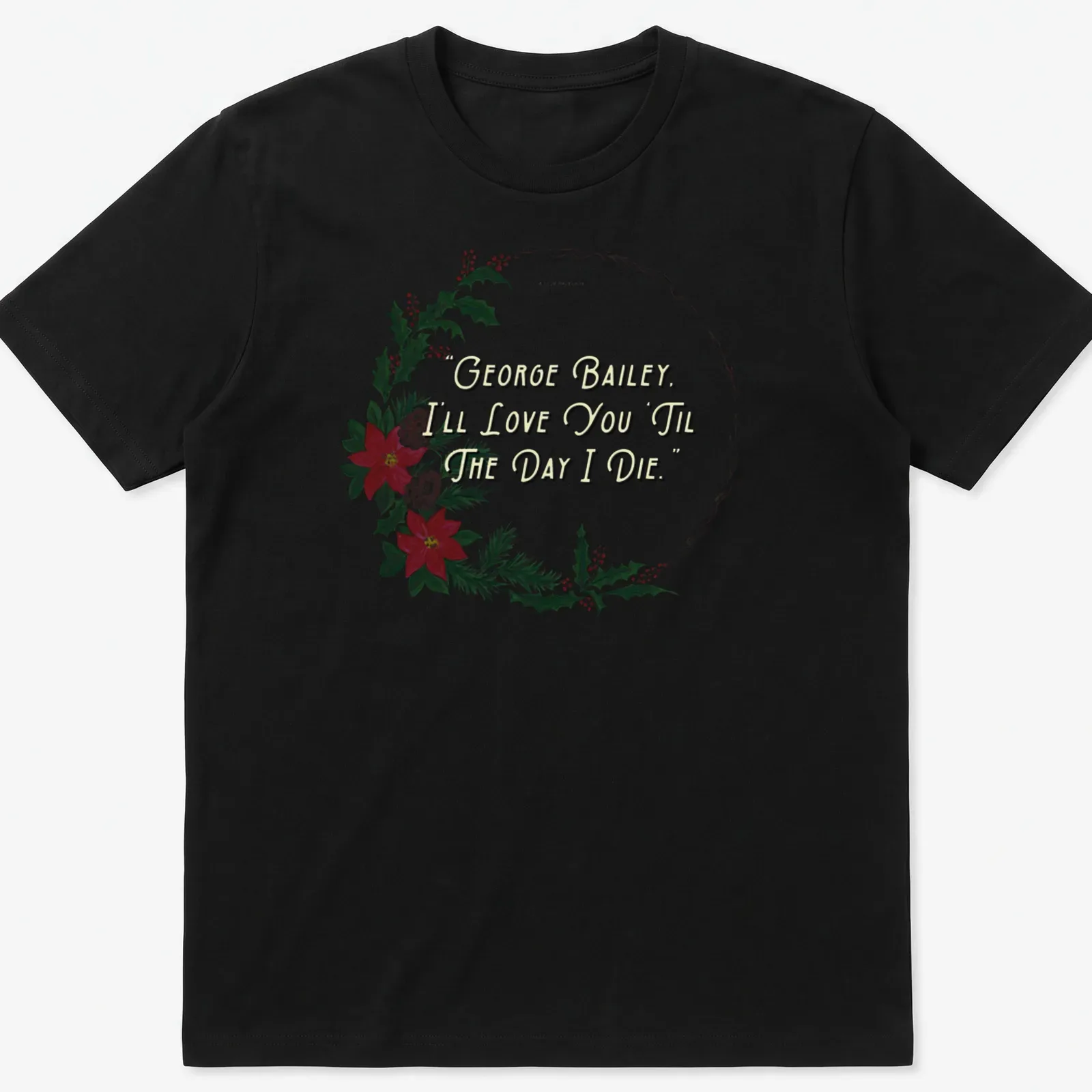 Watercolor Christmas t-shirt featuring a wreath and text about love. — printed on a unisex t-shirt
