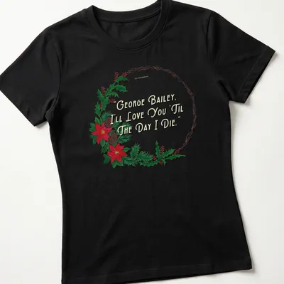 Watercolor Christmas t-shirt featuring a wreath and text about love. — printed on a women's shirt