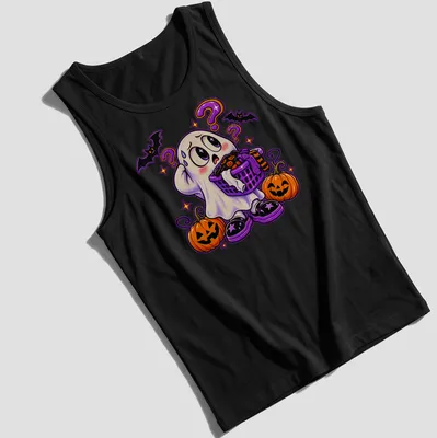 Kawaii ghost holding a laundry basket with text 'Ghost Forgot The Sheet' in colorful lettering — printed on a tank top