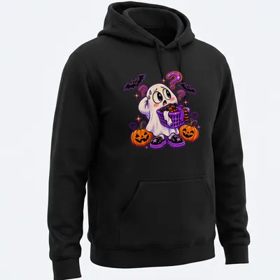 Kawaii ghost holding a laundry basket with text 'Ghost Forgot The Sheet' in colorful lettering — printed on a unisex hoodie