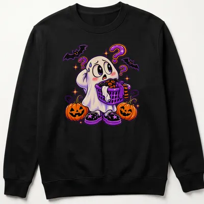 Kawaii ghost holding a laundry basket with text 'Ghost Forgot The Sheet' in colorful lettering — printed on a unisex sweatshirt