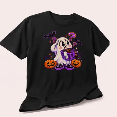 Kawaii ghost holding a laundry basket with text 'Ghost Forgot The Sheet' in colorful lettering — printed on a unisex t-shirt (angled view)
