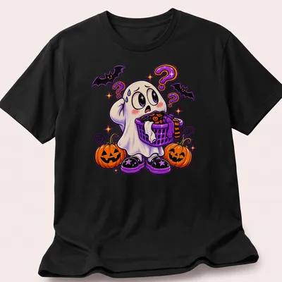 Kawaii ghost holding a laundry basket with text 'Ghost Forgot The Sheet' in colorful lettering
