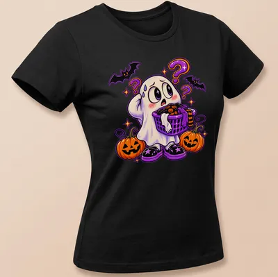 Kawaii ghost holding a laundry basket with text 'Ghost Forgot The Sheet' in colorful lettering — printed on a women's shirt