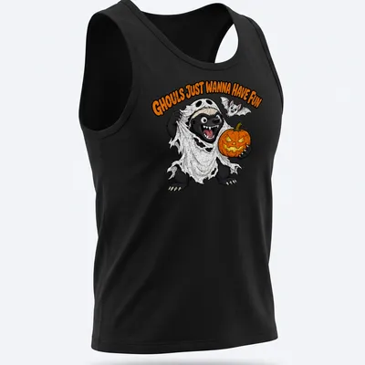 Cartoon honey badger with text 'GHOULS JUST WANNA HAVE FUN' in black, white, orange, and gray. — printed on a tank top